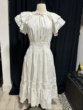 She + Sky White Smocked-Waist Ruffle Sleeve Maxi Dress